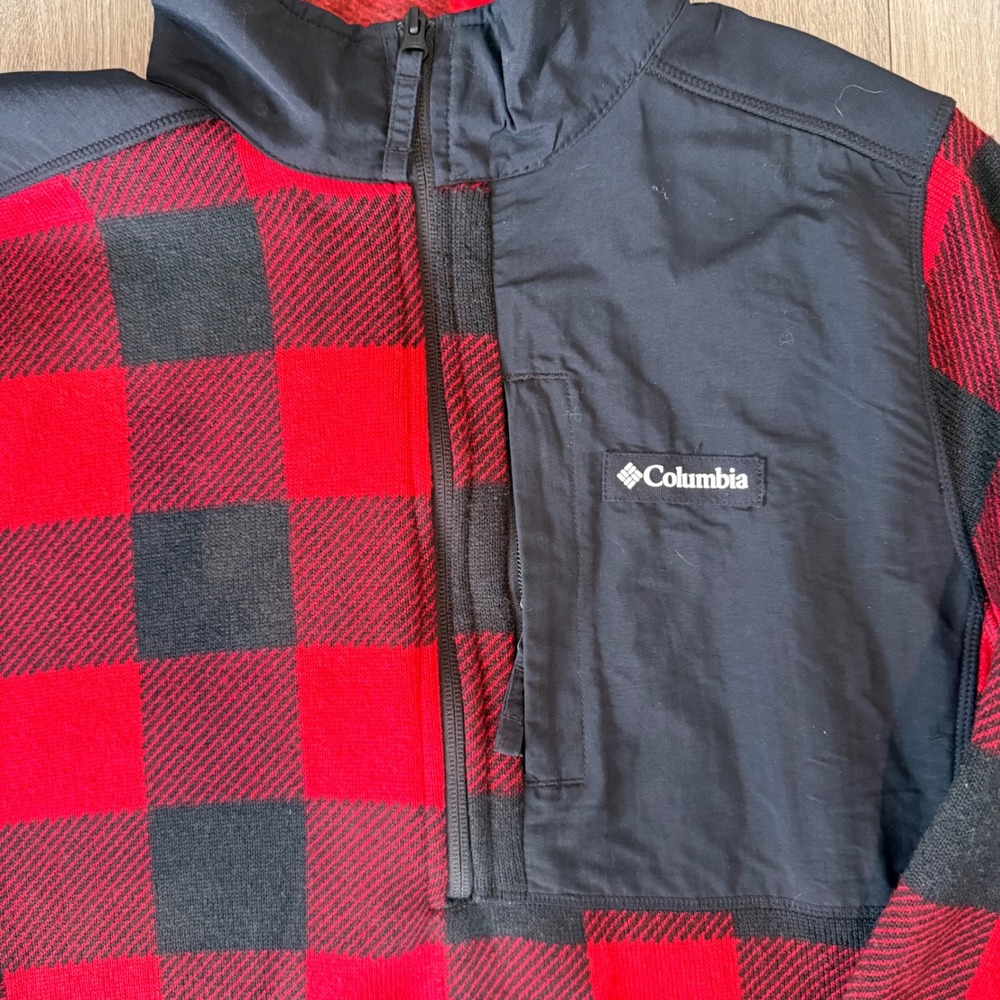 Columbia Men's Buffalo Plaid Fleece Quarter Zip Pullover Black Red Size M - Picture 3 of 7